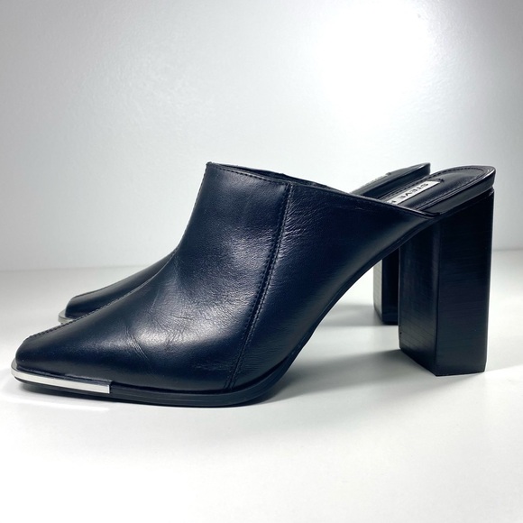 Steve Madden Playa Black Leather Slip On Heeled Mules Slides Silver Tips 9.5 - Picture 4 of 10